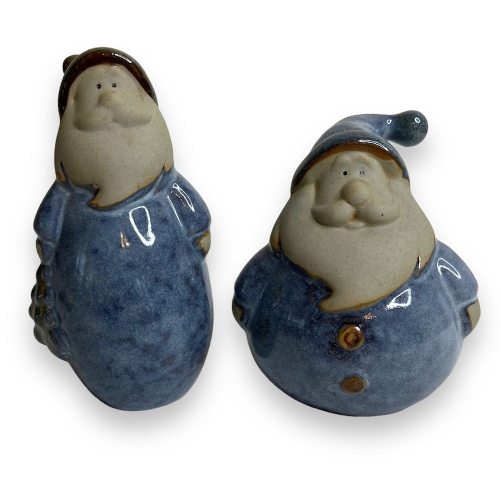 Pair Stoneware Pottery Santas Blue Coats Tall and Short Round Whimsical Folky